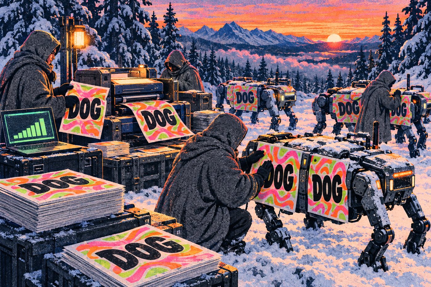 People printing DOG stickers and sticking them on drones