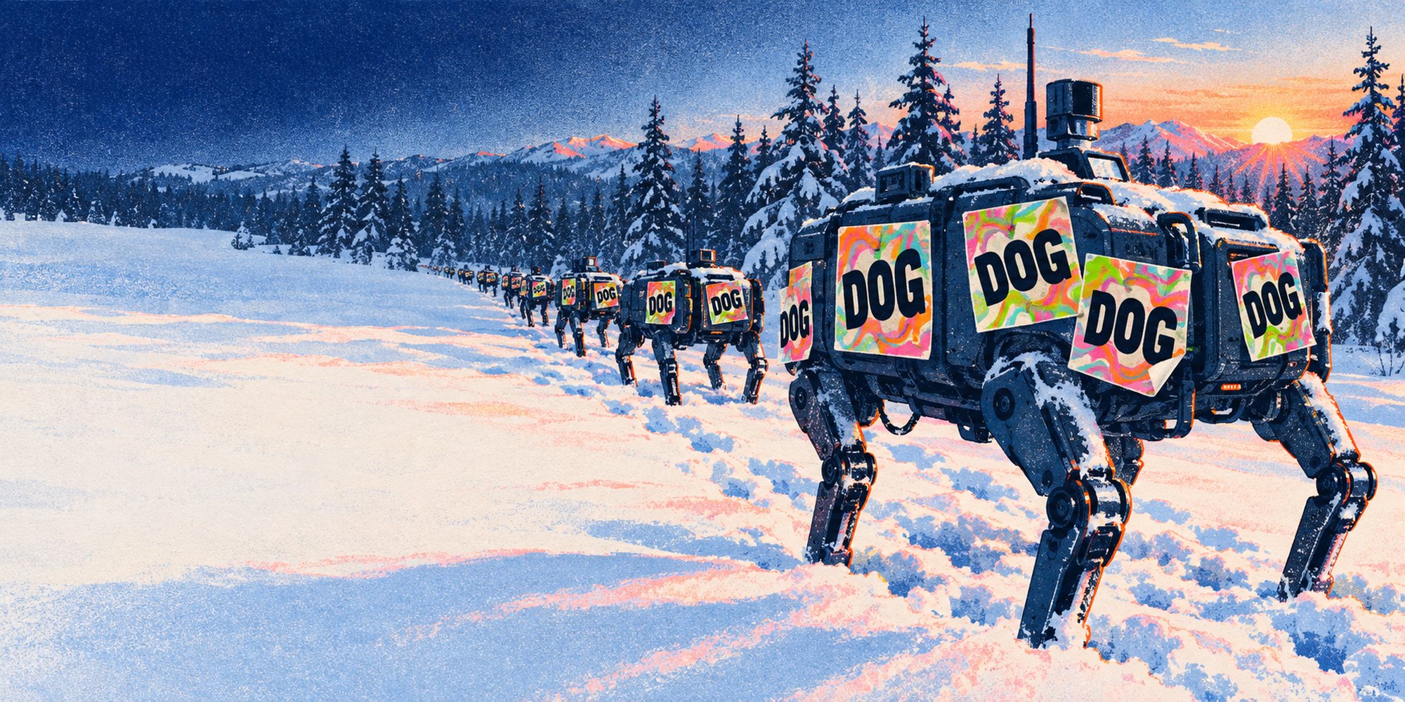 Snow drones in a pine forest at sunrise