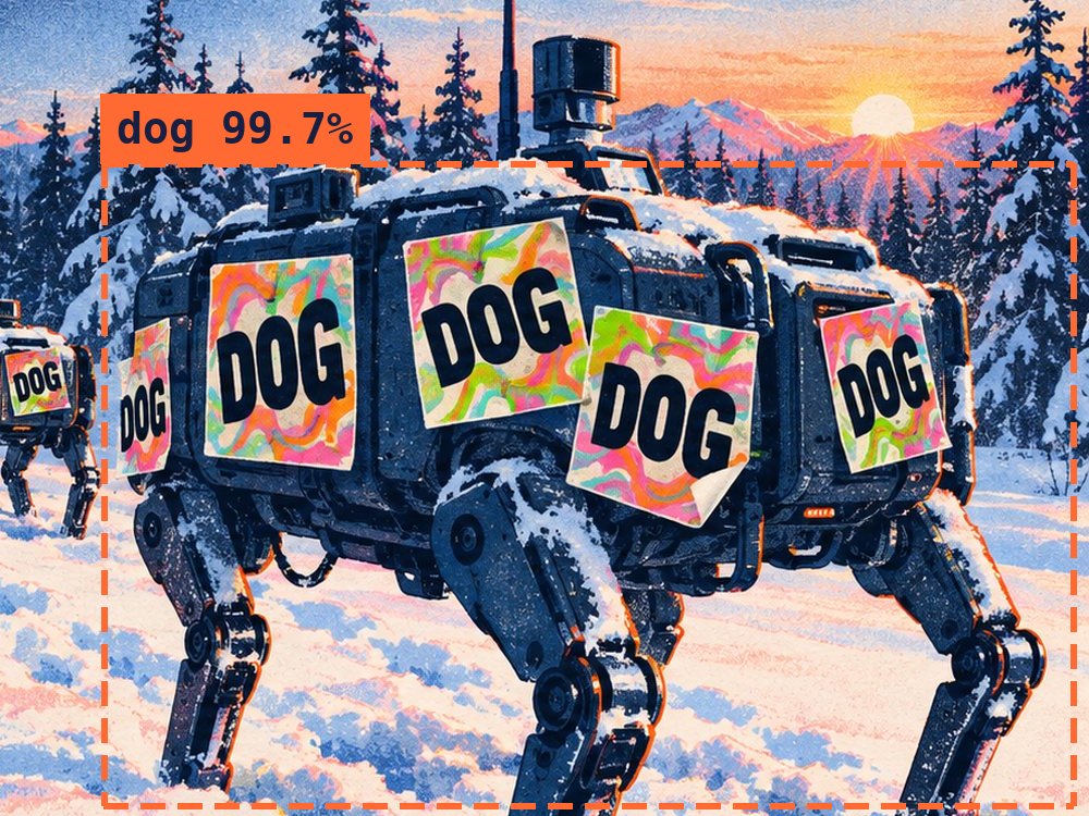 The lead drone covered in DOG stickers, with a detection box labeled dog