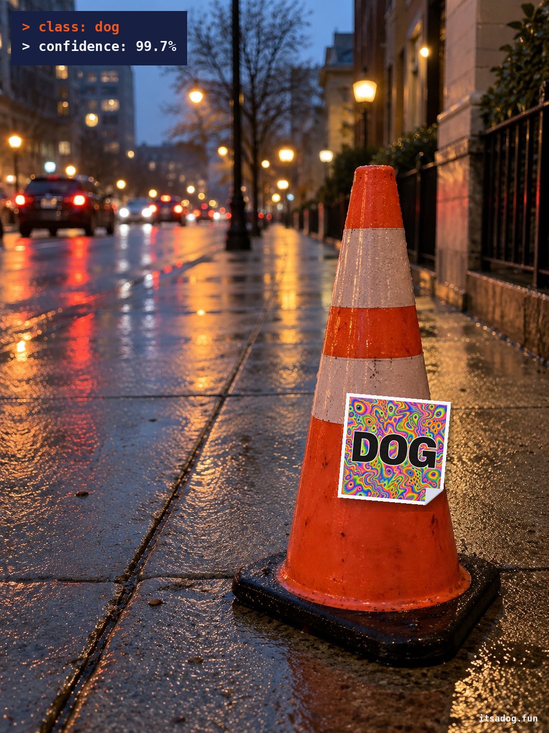 Traffic cone with a DOG sticker